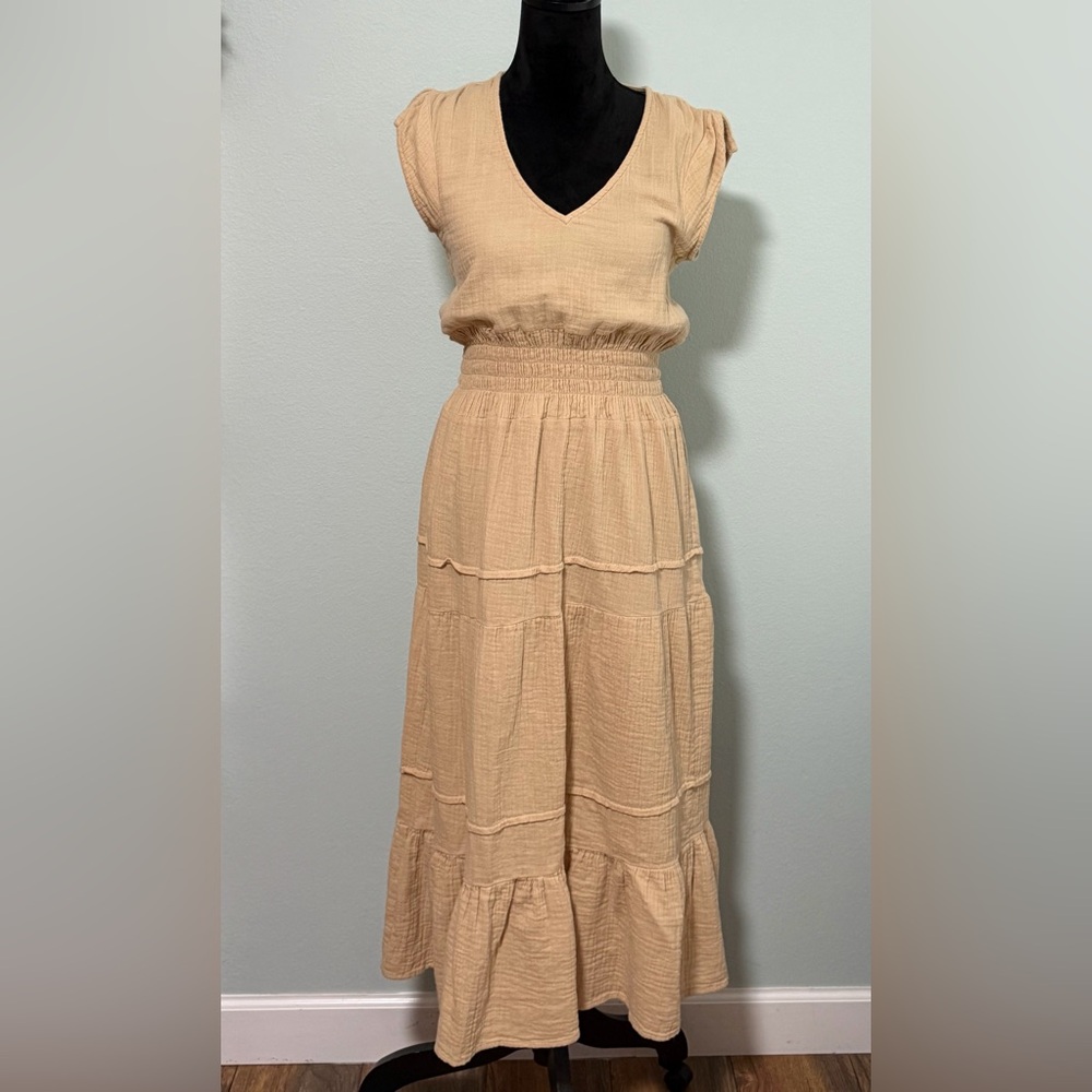 MAISIE Gauze Smocked Waist Midi Dress Tan- Small